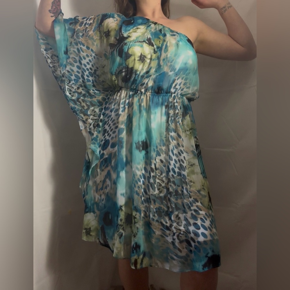 Turquoise Floral Abstract One Shoulder Flowy Boho Beach Goddess Dress Size L-XL - Picture 12 of 13